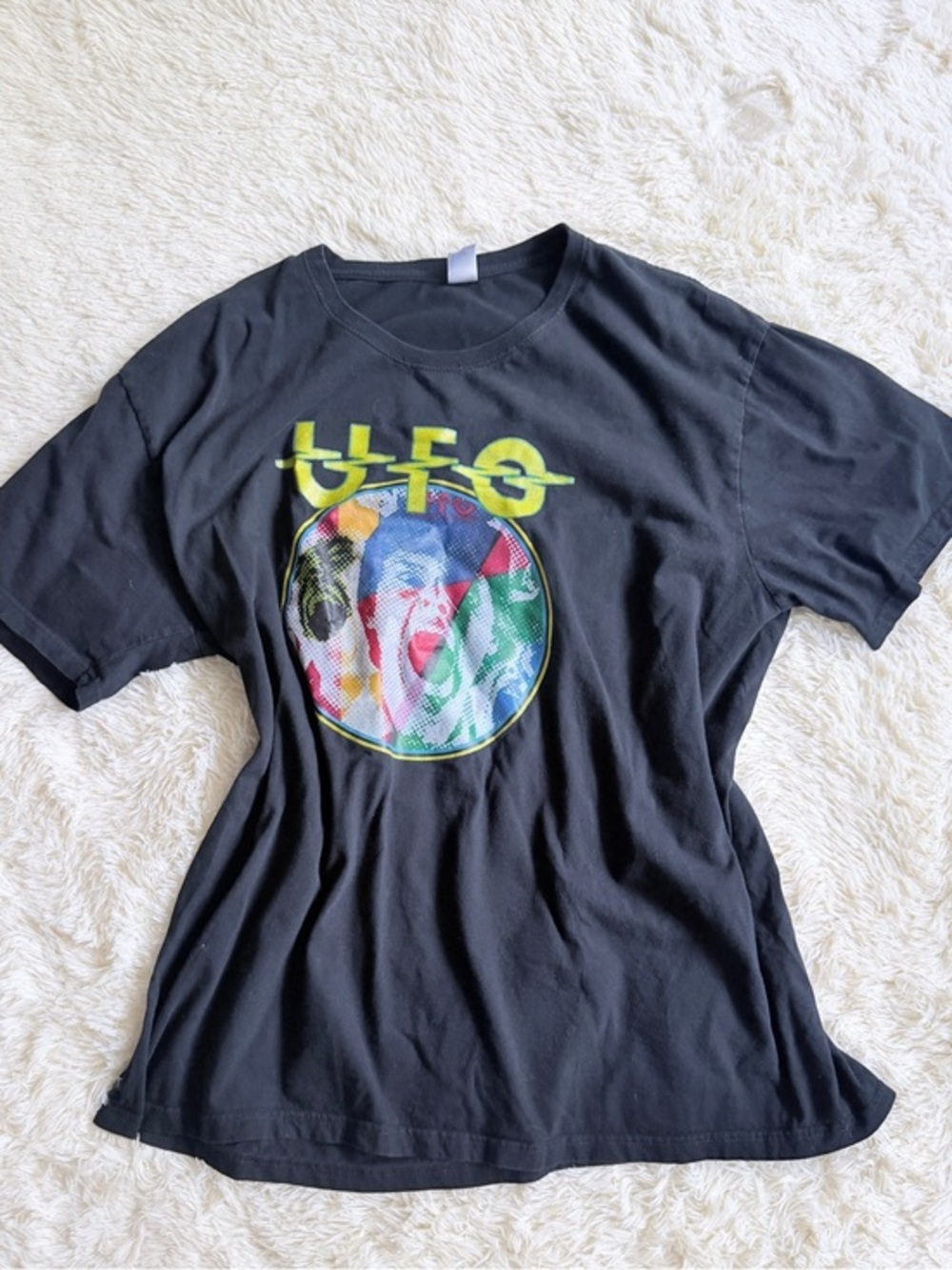 100% Cotton Black Graphic UFO Band Tee with Colorful Pop-Art Print